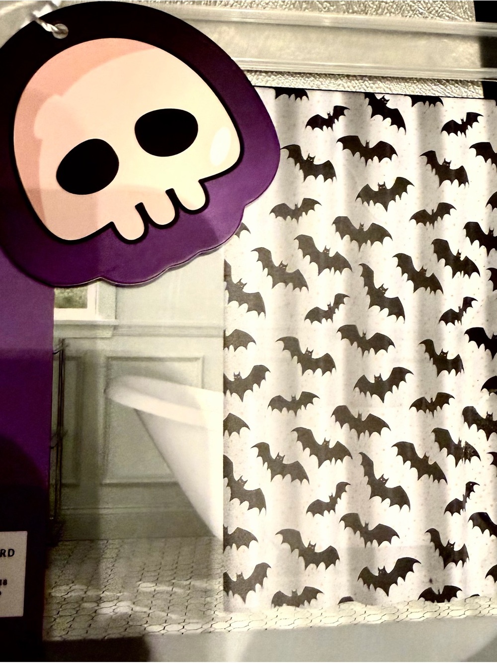 NEW Halloween Bat Print Shower Curtain Liner. White, Clear Frost and Black